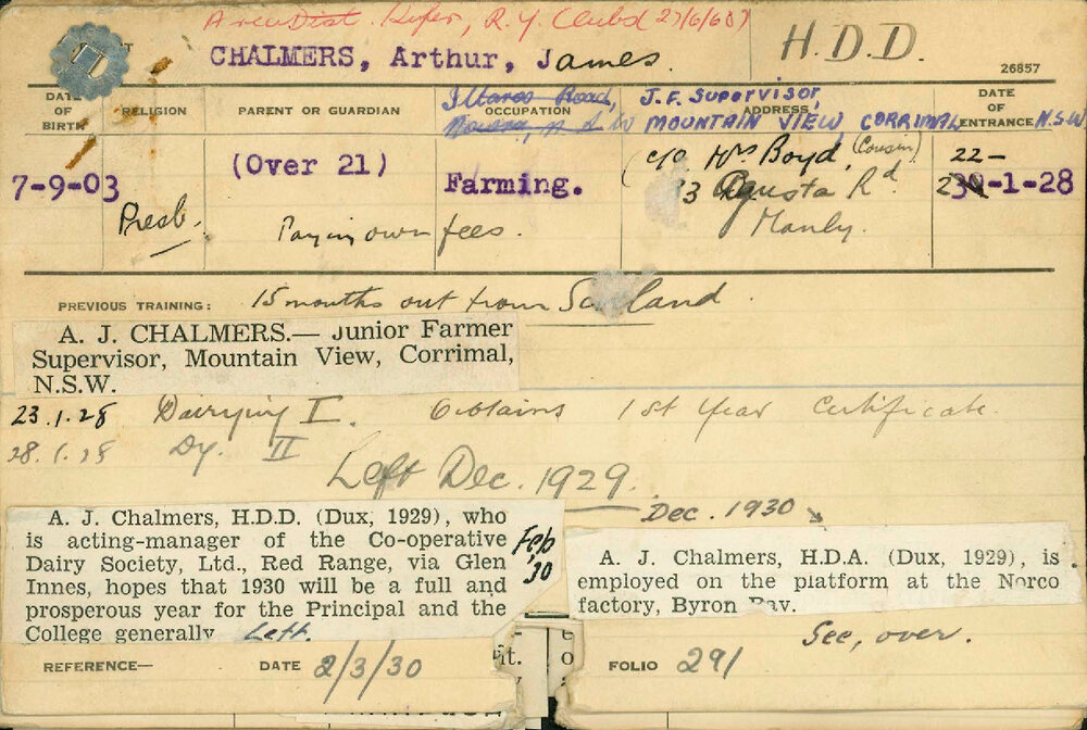 CHALMERS, Arthur James (Hawkesbury Diploma in Dairy (HDD) (Dux) (Honours Class I))