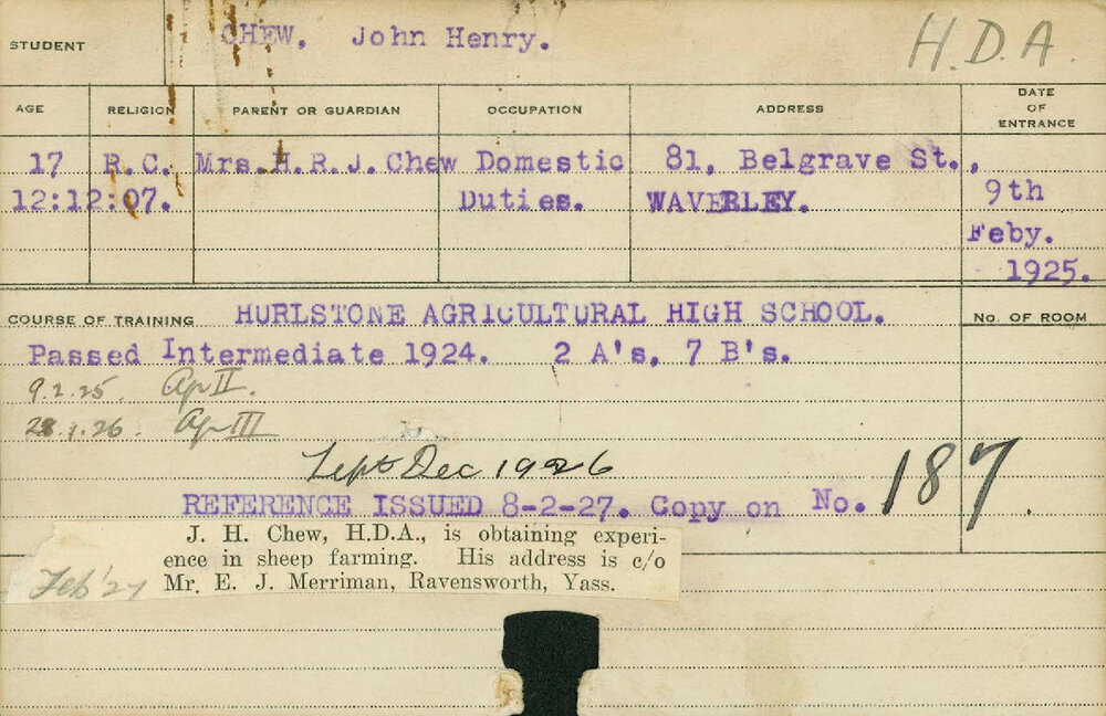 CHEW, John Henry (Hawkesbury Diploma of Agriculture (HDA))