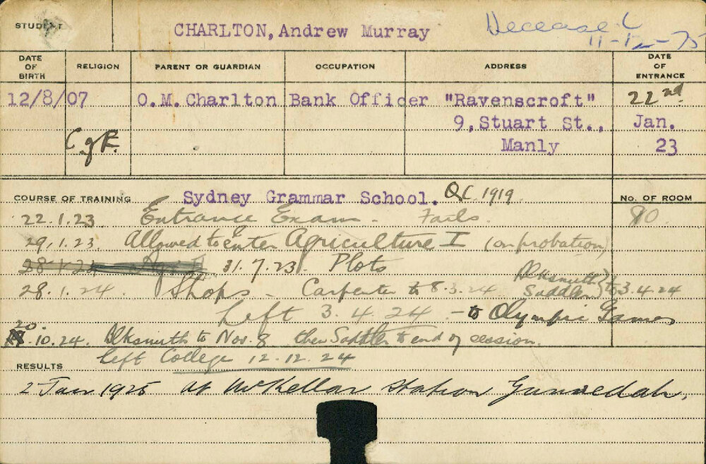 CHARLTON, Andrew Murray (Boy) (Special Course - Plots, Shops, Carpentry, Blacksmith &amp; Saddler)