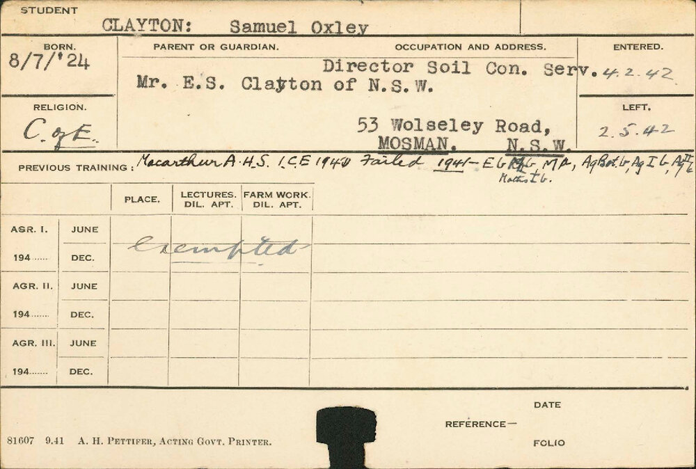 CLAYTON, Samuel Oxley (Hawkesbury Diploma of Agriculture (HDA))