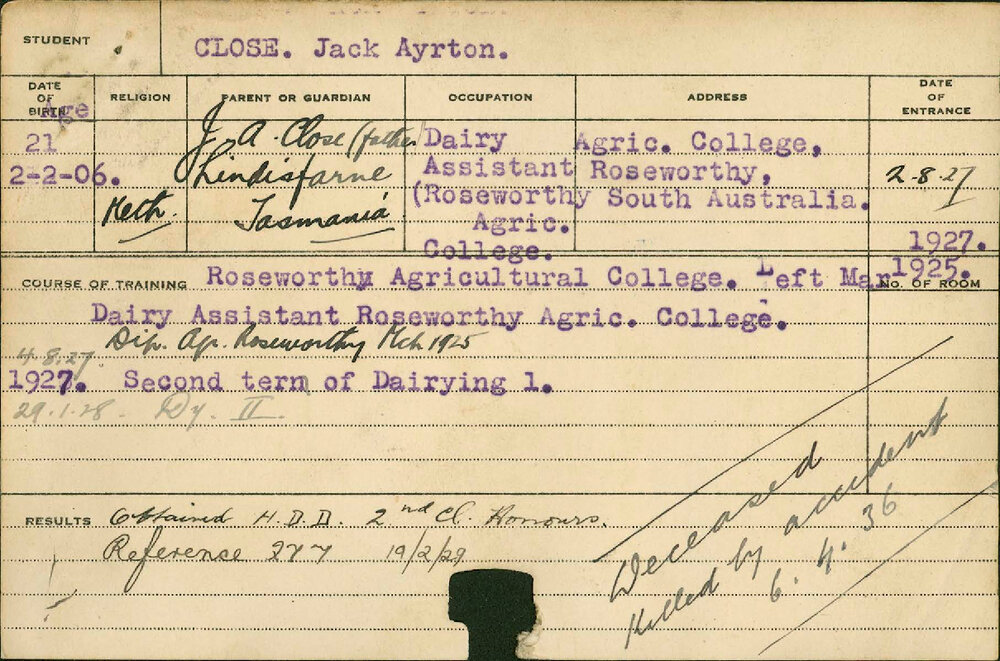 CLOSE, Jack Ayrton (Hawkesbury Diploma in Dairy (HDD) - Second class honours)