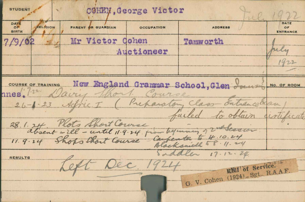COHEN, George Victor (Short course - Dairy, Plots, Shops, Carpentry, Blacksmith &amp; Saddlery)