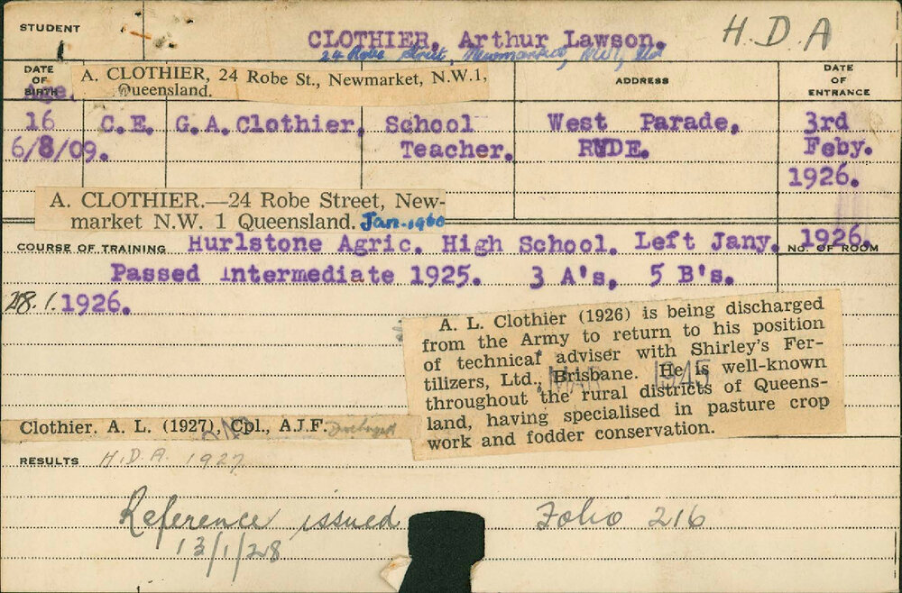 CLOTHIER, Arthur Lawson (Hawkesbury Diploma of Agriculture (HDA))