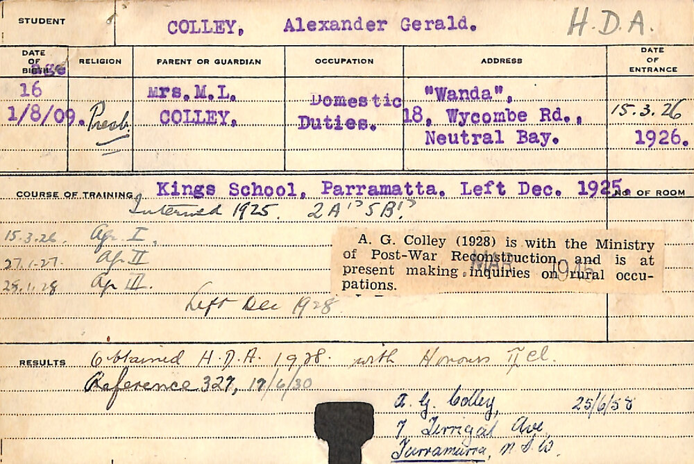 COLLEY, Alexander Gerald (Hawkesbury Diploma of Agriculture (HDA))