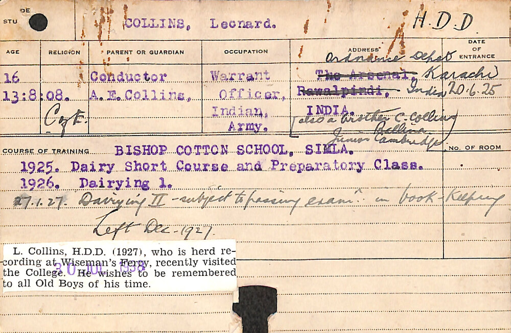 COLLINS, Leonard (Hawkesbury Diploma in Dairy (HDD))