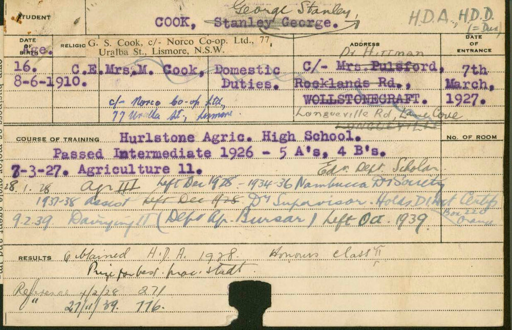 COOK, George Stanley (Hawkesbury Diploma of Agriculture (HDA) &amp; Dairy)
