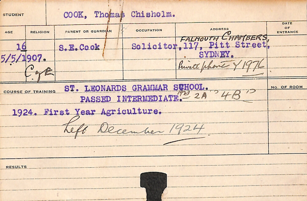 COOK, Thomas Chisholm (Hawkesbury Diploma of Agriculture (HDA))