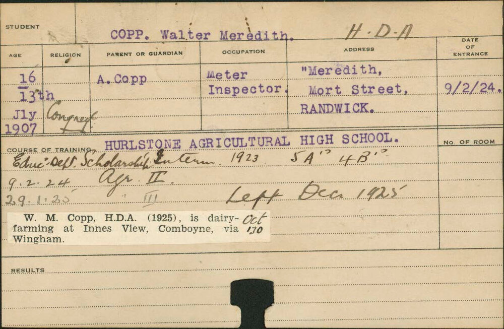 COPP, Walter Meredith (Hawkesbury Diploma of Agriculture (HDA))