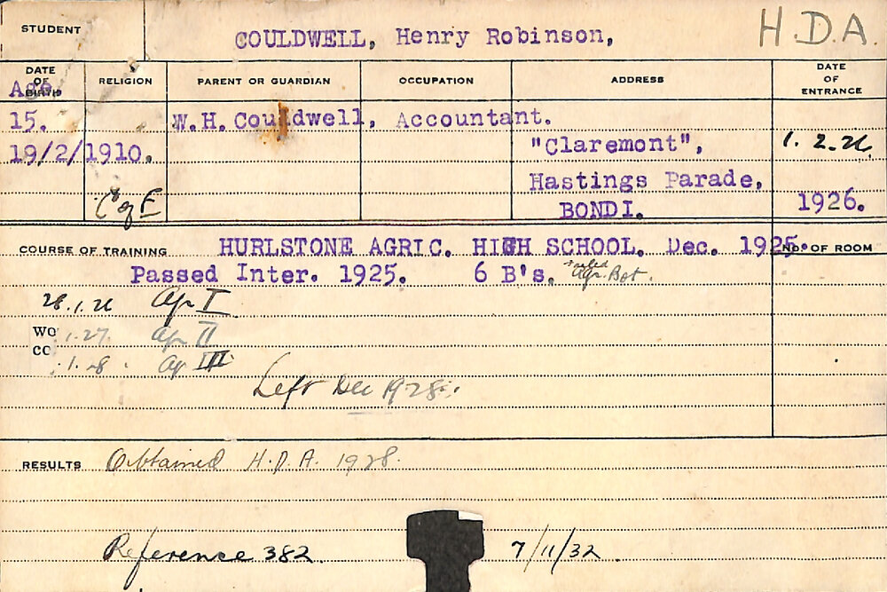 COULDWELL, Henry Robinson (Hawkesbury Diploma of Agriculture (HDA))