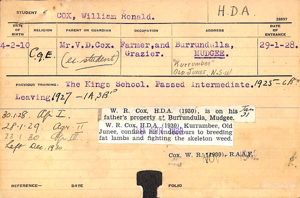 COX, William Ronald (Hawkesbury Diploma of Agriculture (HDA))