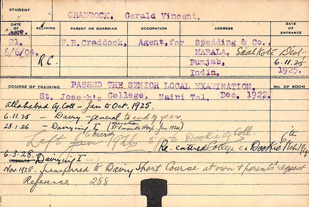 CRADDOCK, Gerald Vincent (Dairy Short Course)