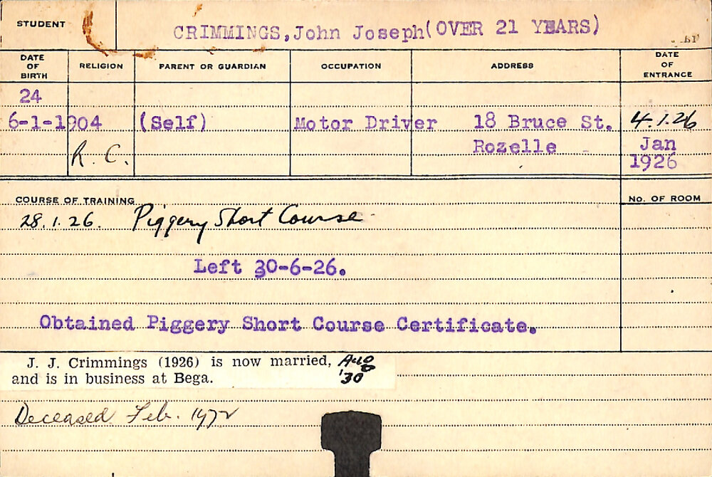 CRIMMINGS, John Joseph (Piggery Short Course)