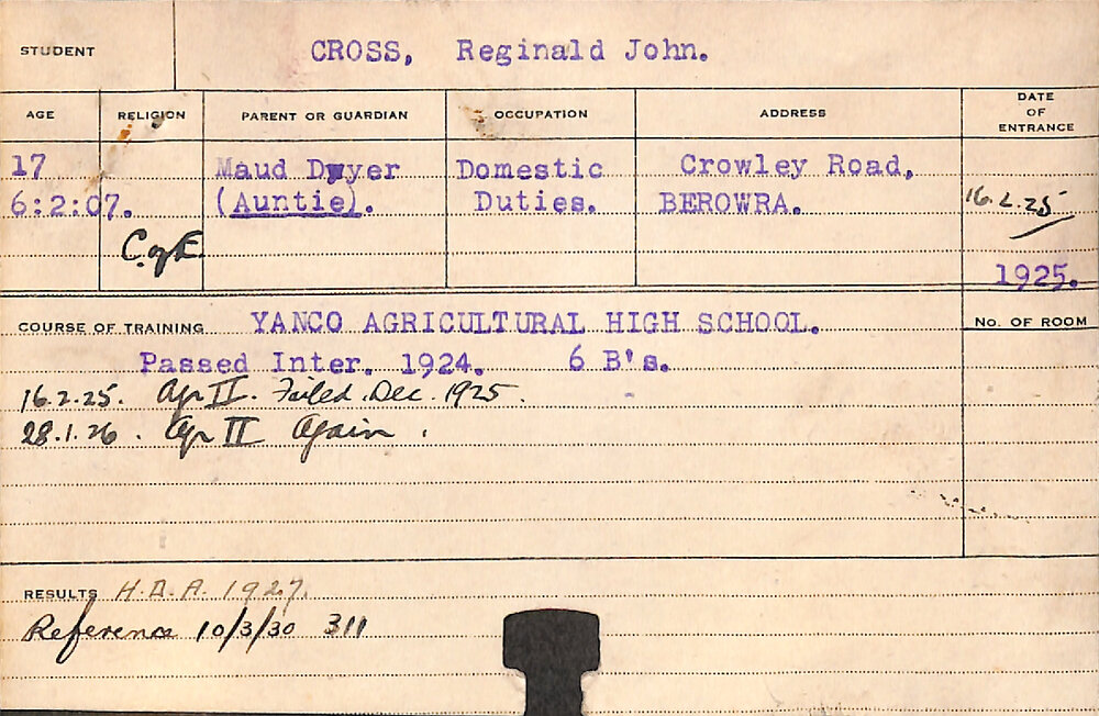 CROSS, Reginald John (Hawkesbury Diploma of Agriculture (HDA))