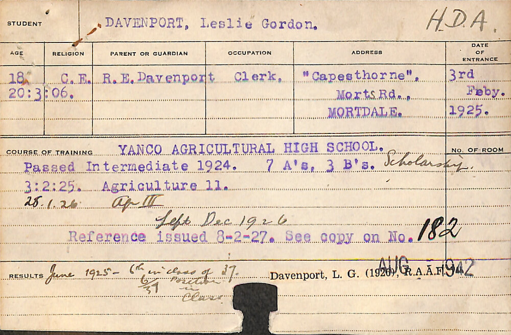 DAVENPORT, Leslie Gordon (Hawkesbury Diploma of Agriculture (HDA))