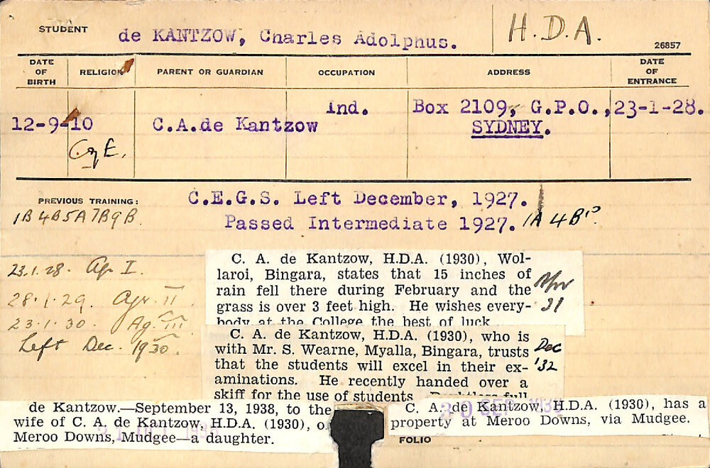 de KANTZOW, Charles Adolphus (Hawkesbury Diploma of Agriculture (HDA))