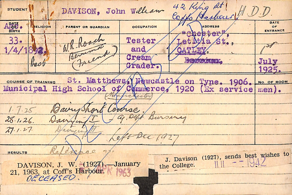 DAVISON, John William (Hawkesbury Diploma in Dairy (HDD))