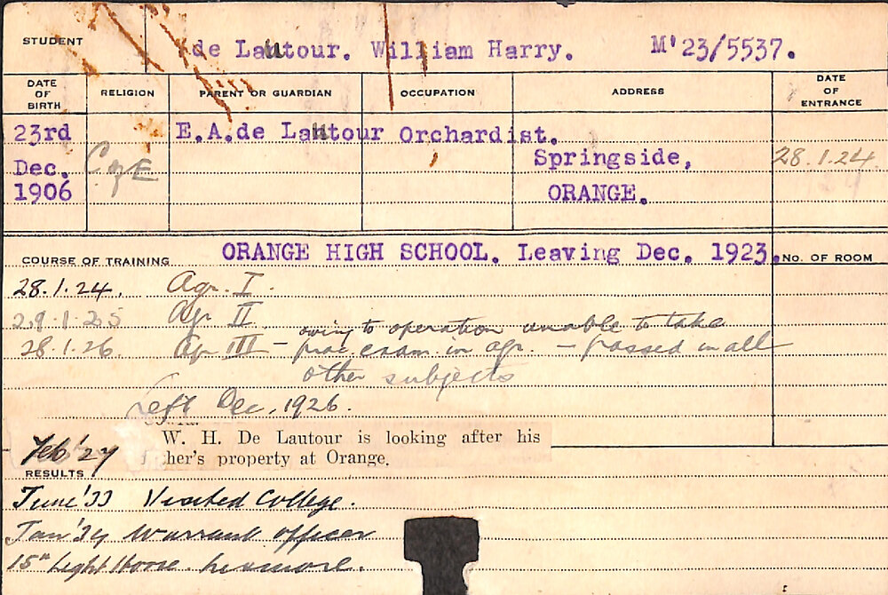 de LAUTOUR, William Harry (Certificate - Second year Agriculture)