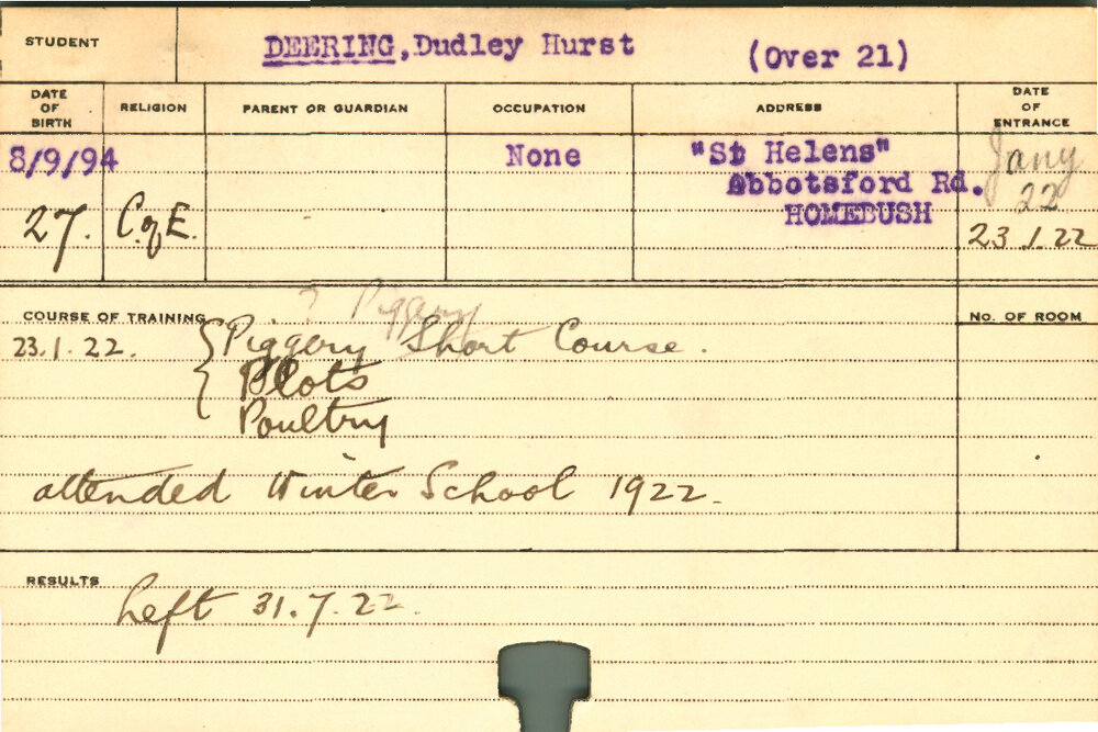 DEERING, Dudley Hurst (Short Course - Piggery and Plots and Poultry)