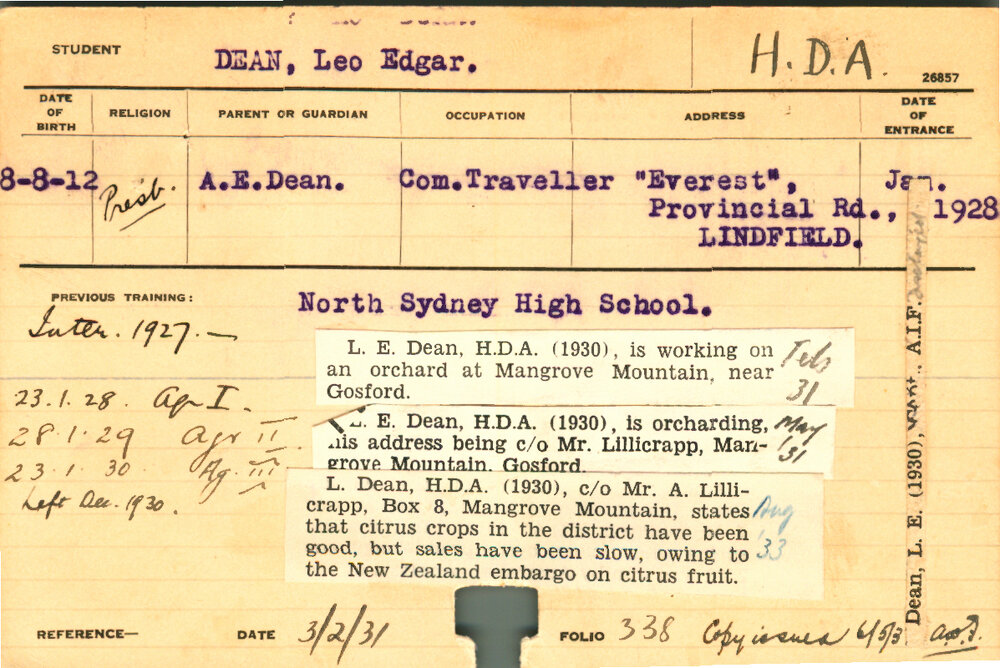 DEAN, Leo Edgar (Hawkesbury Diploma of Agriculture (HDA))