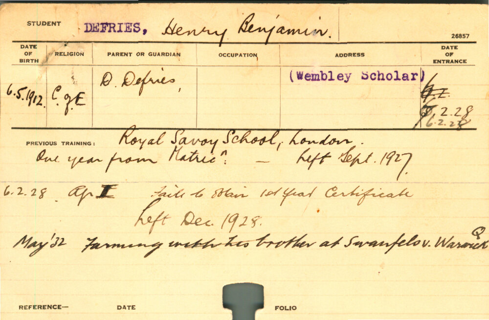 DEFRIES, Henry Benjamin (Hawkesbury Diploma of Agriculture (HDA))