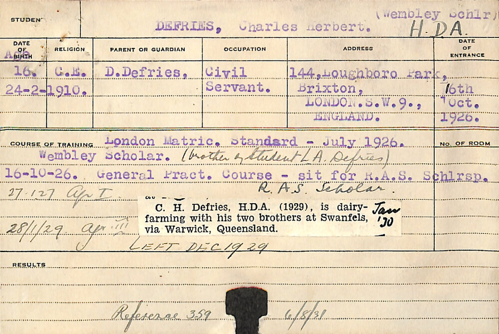 DEFRIES, Charles Herbert (Hawkesbury Diploma of Agriculture (HDA))