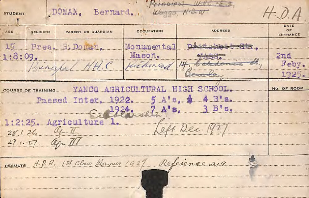 DOMAN, Bernard (Hawkesbury Diploma of Agriculture (HDA))