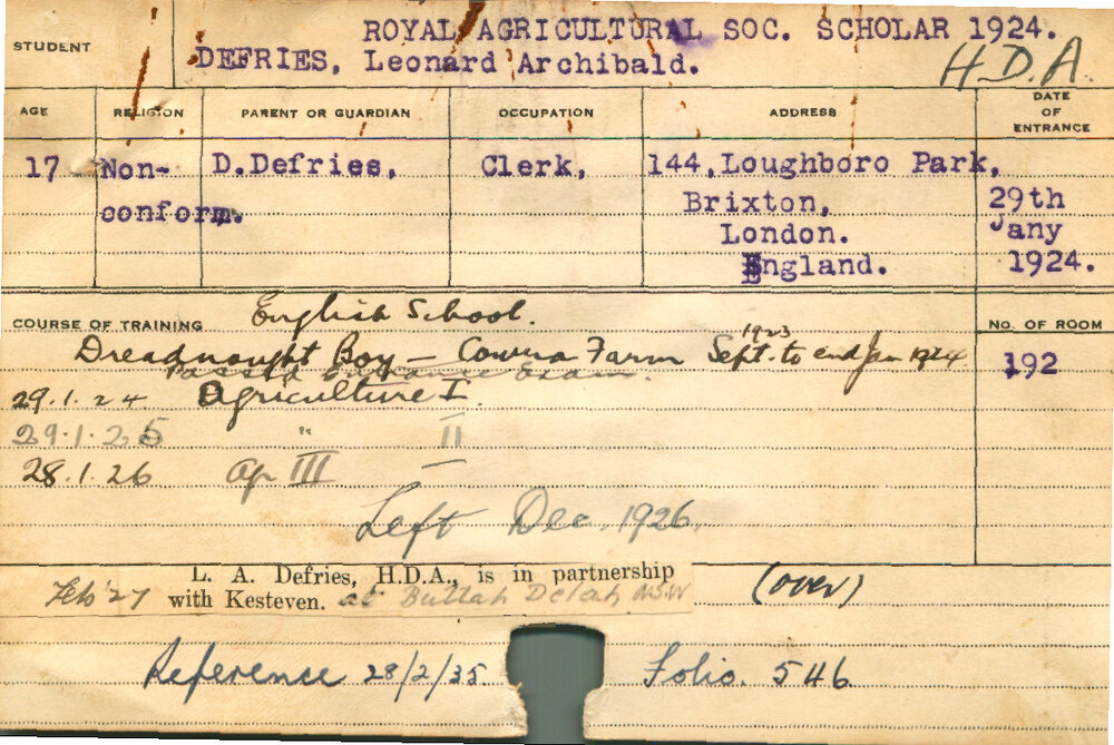 DEFRIES, Leonard Archibald (Hawkesbury Diploma of Agriculture (HDA))