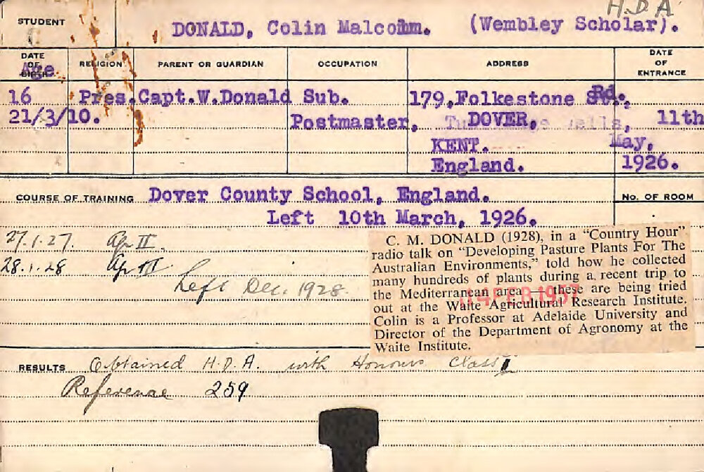 DONALD, Colin Malcolm (Hawkesbury Diploma in Agriculture (HDA))