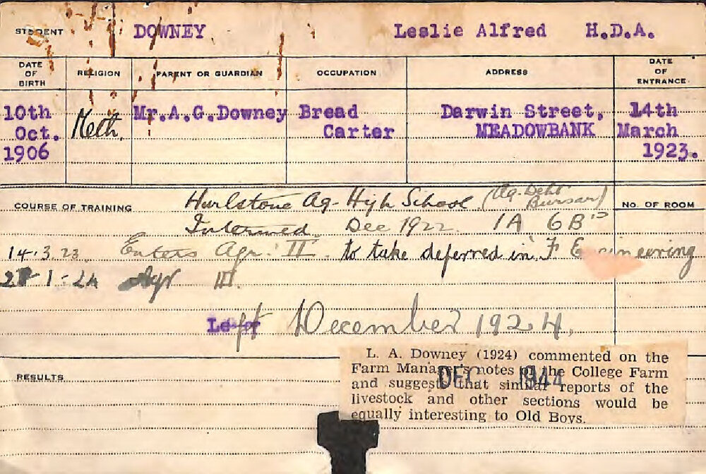 DOWNEY, Leslie Alfred (Hawkesbury Diploma of Agriculture (HDA))