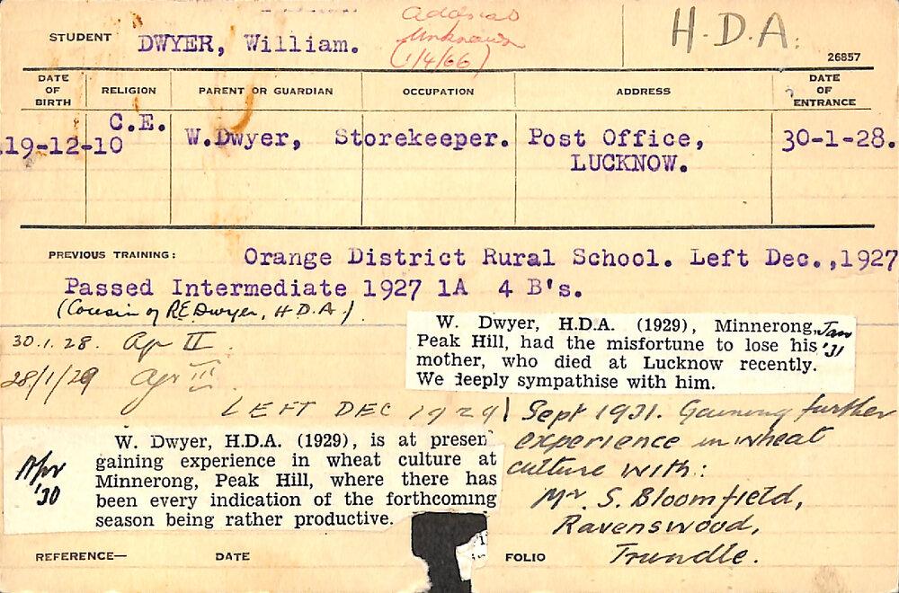 DWYER, William (Hawkesbury Diploma of Agriculture (HDA))