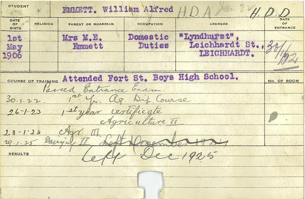 EMMETT, William Alfred (Hawkesbury Diploma of Agriculture (HDA) &amp; Hawkesbury Diploma in Dairy (HDD))