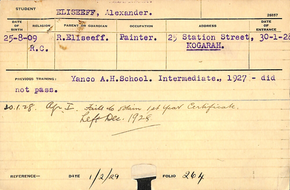 ELISEEFF, Alexander (Hawkesbury Diploma of Agriculture (HDA) (First Year Certificate))