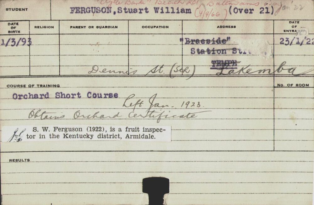 FERGUSON, Stuart William (Short Course - Orchard &amp; Poultry)