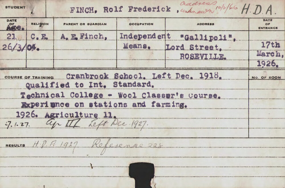 FINCH, Rolf Frederick (Hawkesbury Diploma of Agriculture (HDA))