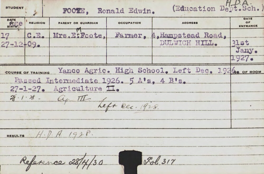 FOOTE, Ronald Edwin (Hawkesbury Diploma of Agriculture (HDA))