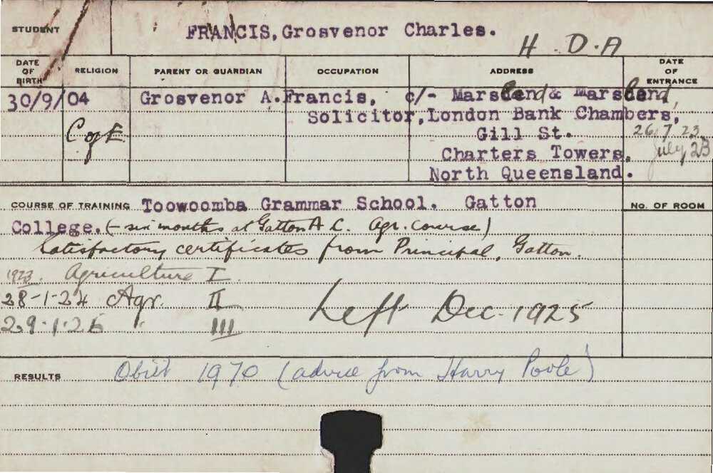 FRANCIS, Grosvenor Charles (Hawkesbury Diploma of Agriculture (HDA))