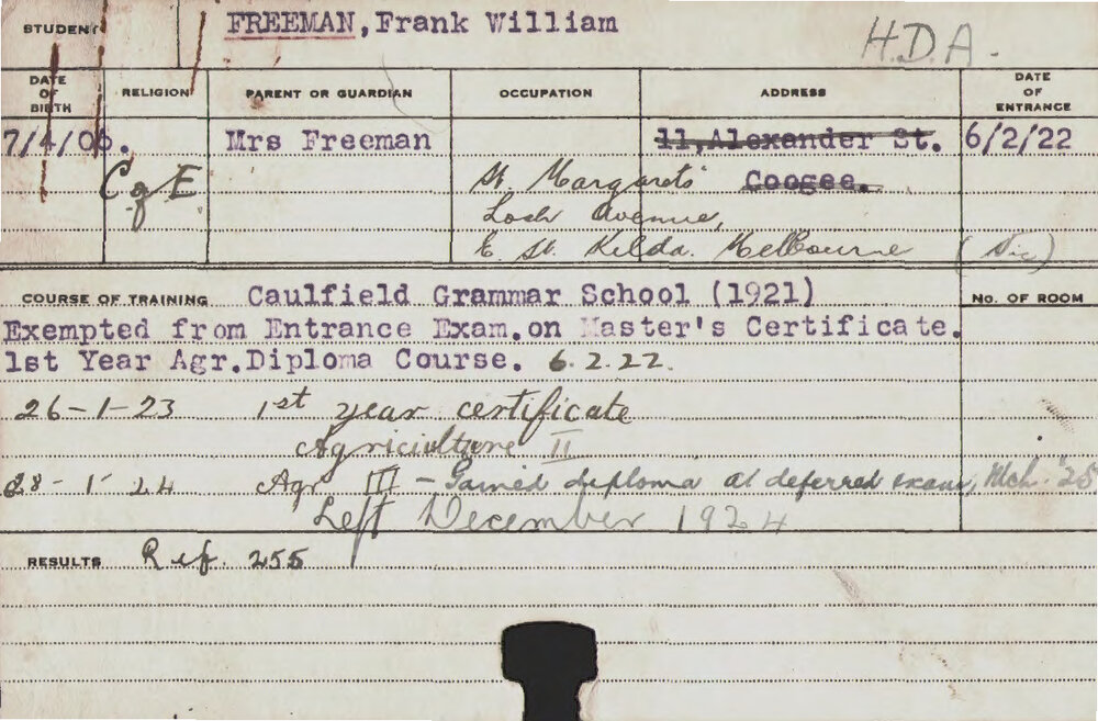 FREEMAN, Frank William (Hawkesbury Diploma of Agriculture (HDA))