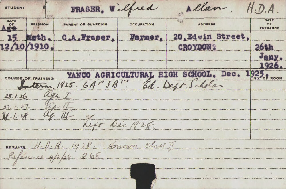 FRASER, Wilfred Allan (Hawkesbury Diploma of Agriculture (HDA) (Honours Class II))