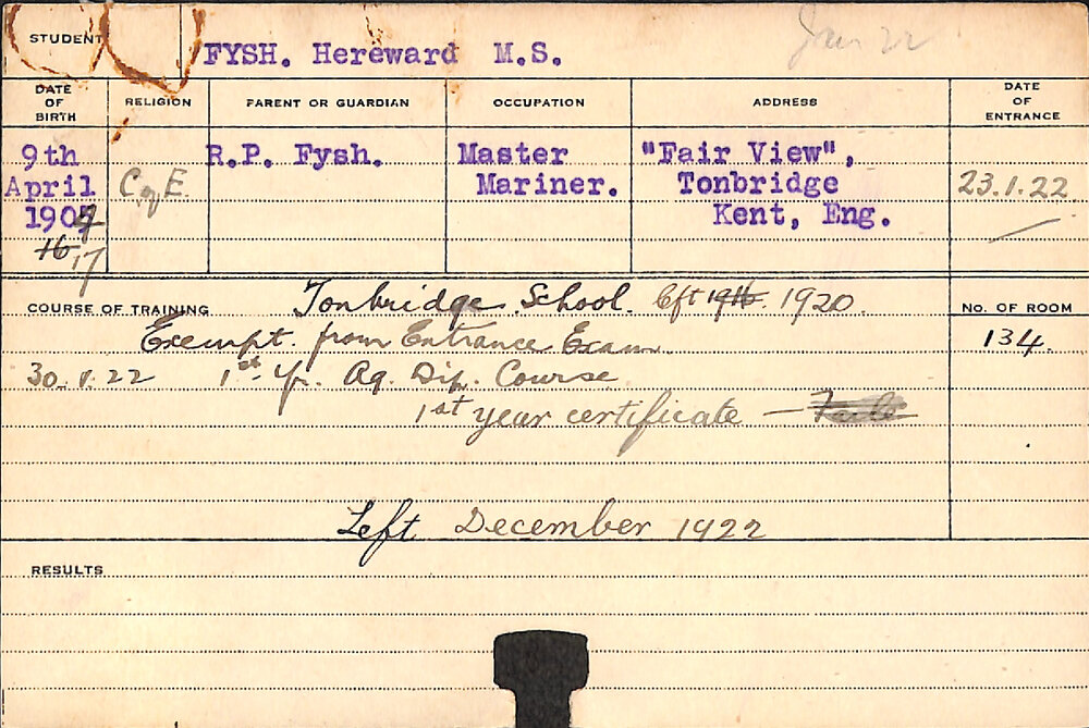 FYSH, Hereward MS (Hawkesbury Diploma of Agriculture (HDA) (First Year Certificate))