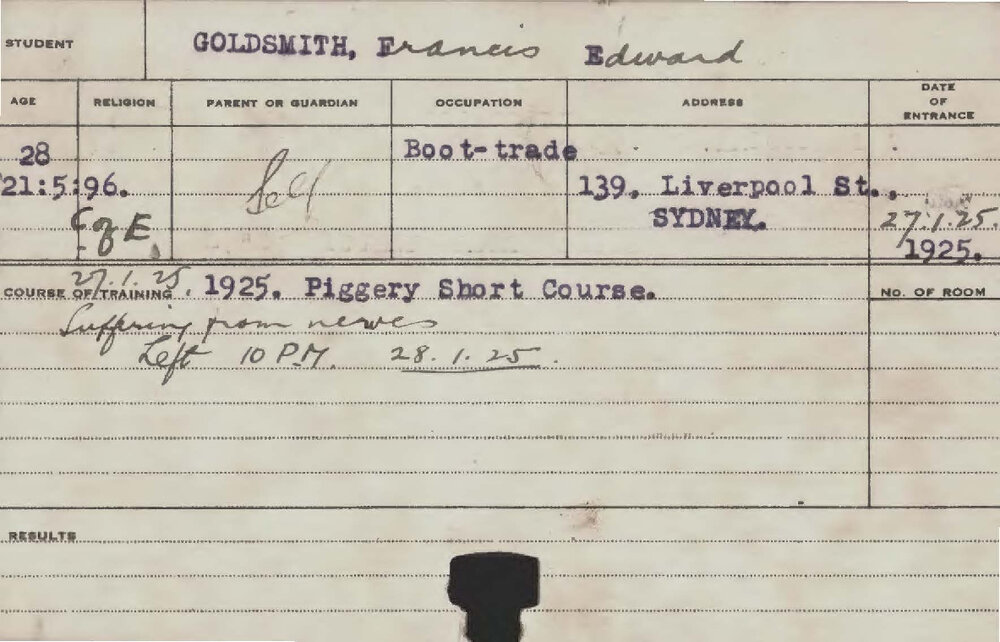 GOLDSMITH, Francis Edward (Special course - Piggery)