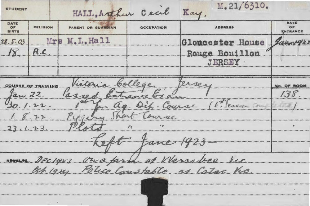 HALL, Arthur Cecil Kay (Hawkesbury Diploma of Agriculture (HDA) (First Year Certificate). Piggery &amp; Plots Short Course)