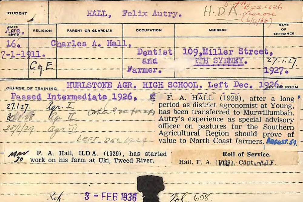 HALL, Felix Autry (Hawkesbury Diploma of Agriculture (HDA))