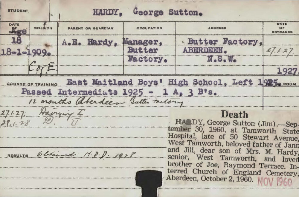 HARDY, George Sutton (Hawkesbury Diploma in Dairy (HDD))