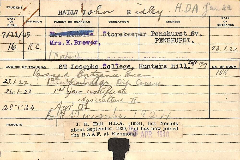 HALL, John Ridley (Hawkesbury Diploma of Agriculture (HDA))