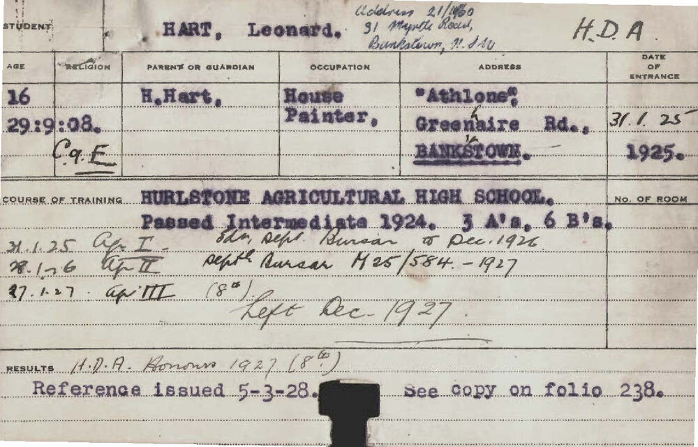 HART, Leonard (Hawkesbury Diploma of Agriculture (HDA))