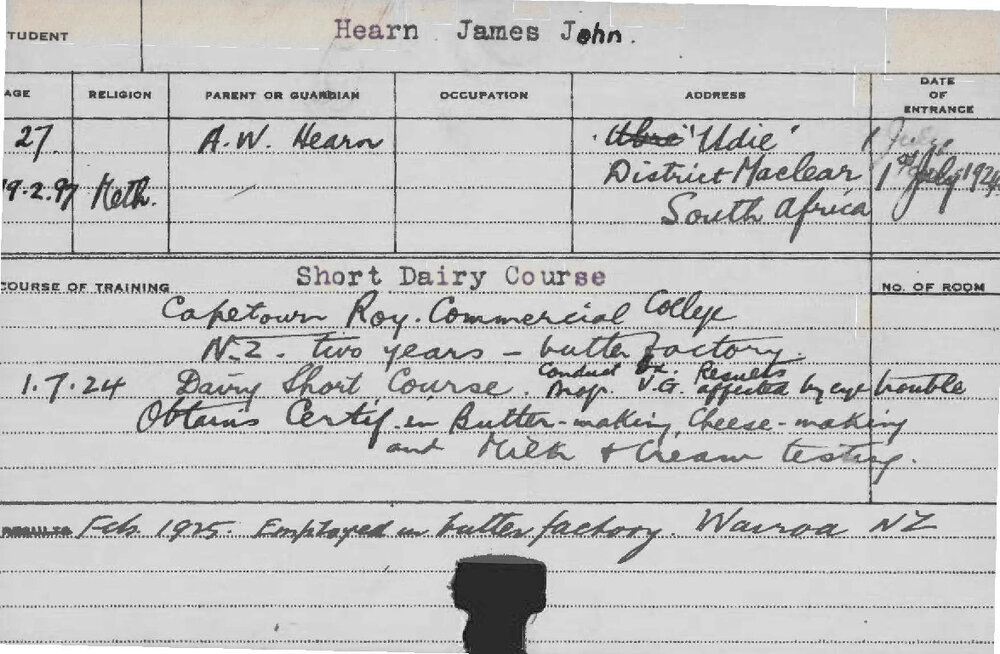 HEARN, James John (Short course - Dairy)