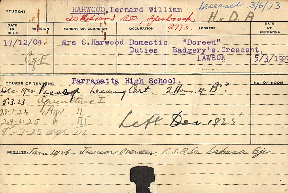 HARWOOD, Leonard William (Hawkesbury Diploma of Agriculture (HDA))