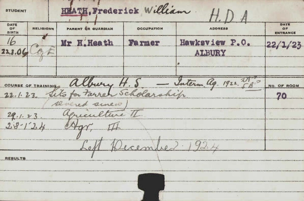 HEATH, Frederick William (Hawkesbury Diploma of Agriculture (HDA))