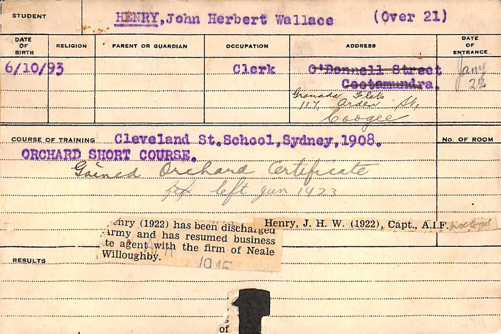 HENRY, John Herbert Wallace (Orchard Certificate)