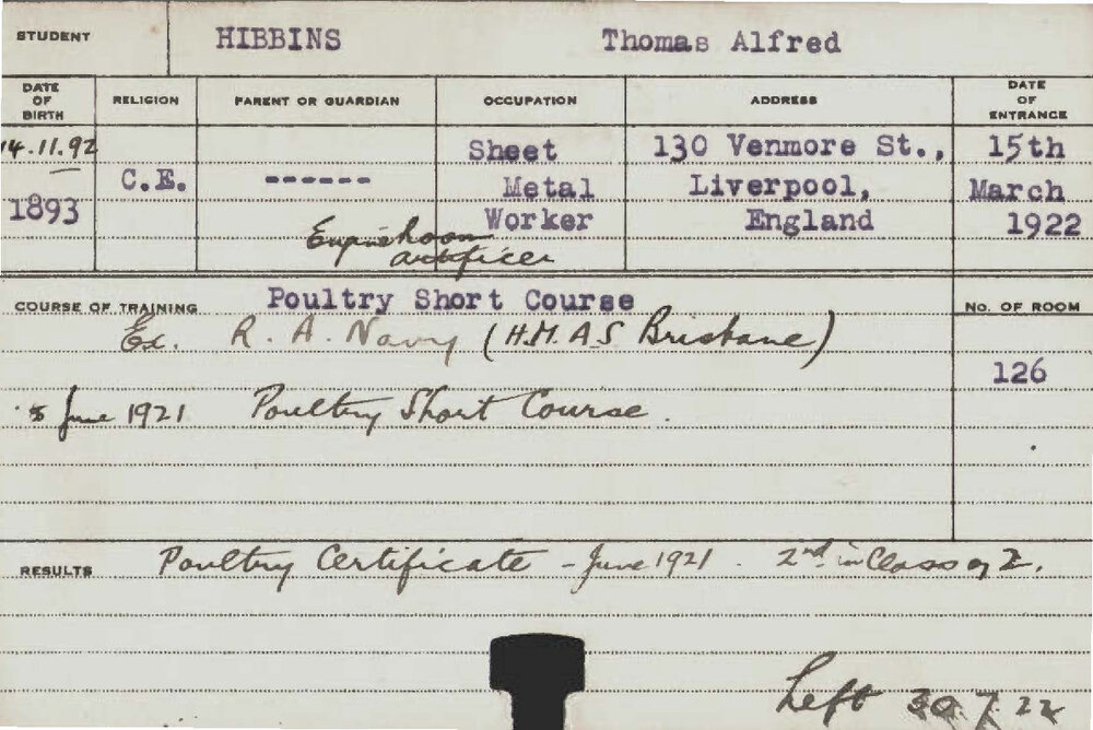 HIBBINS, Thomas Alfred (Short Course - Poultry)